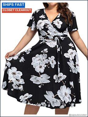 Plus Size V Neck Floral Midi Dress with Pockets Cap Sleeve Cocktail Party